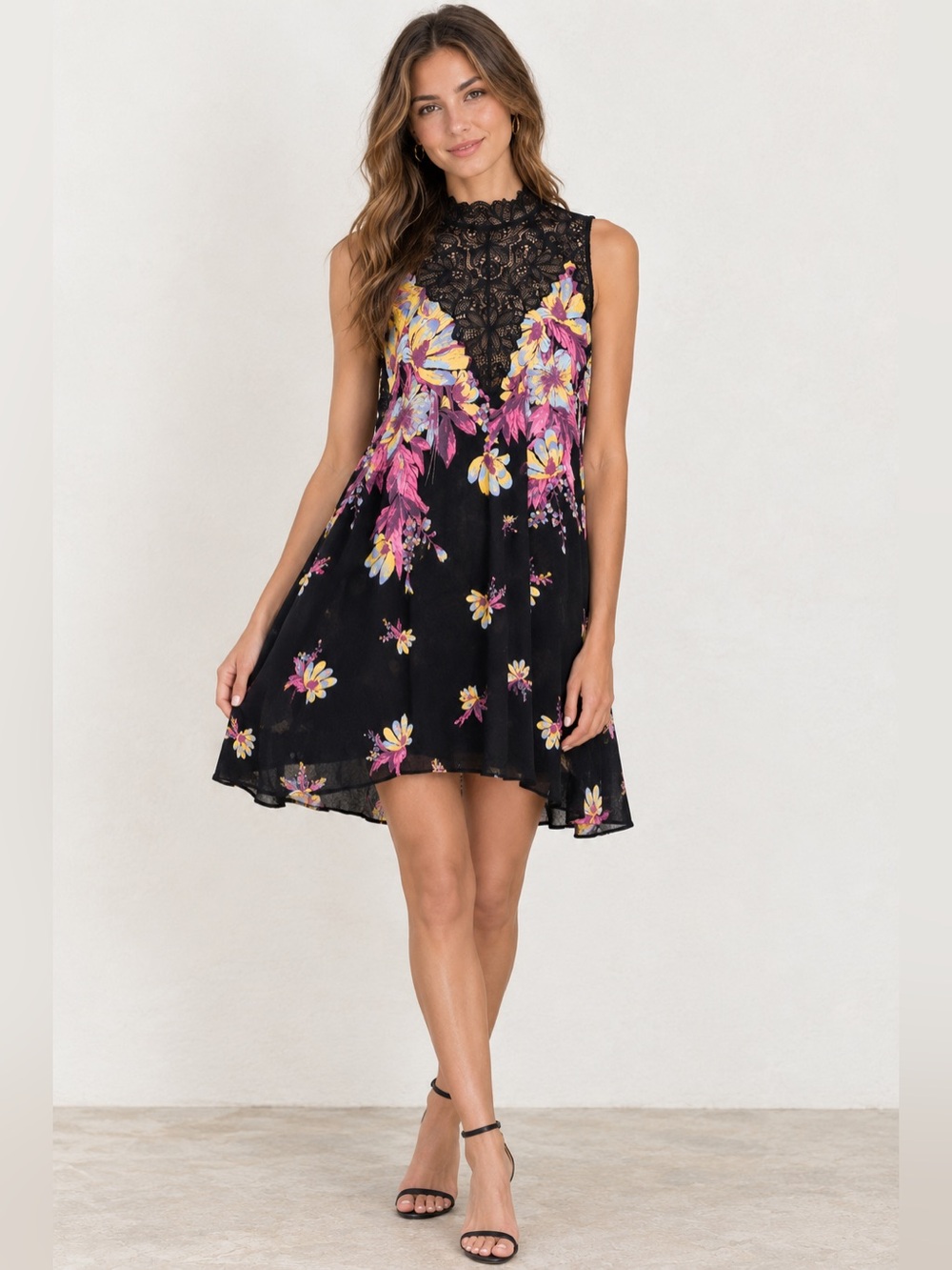 Intimately Free People Floral Lace High Neck Swing Dress Tunic Small